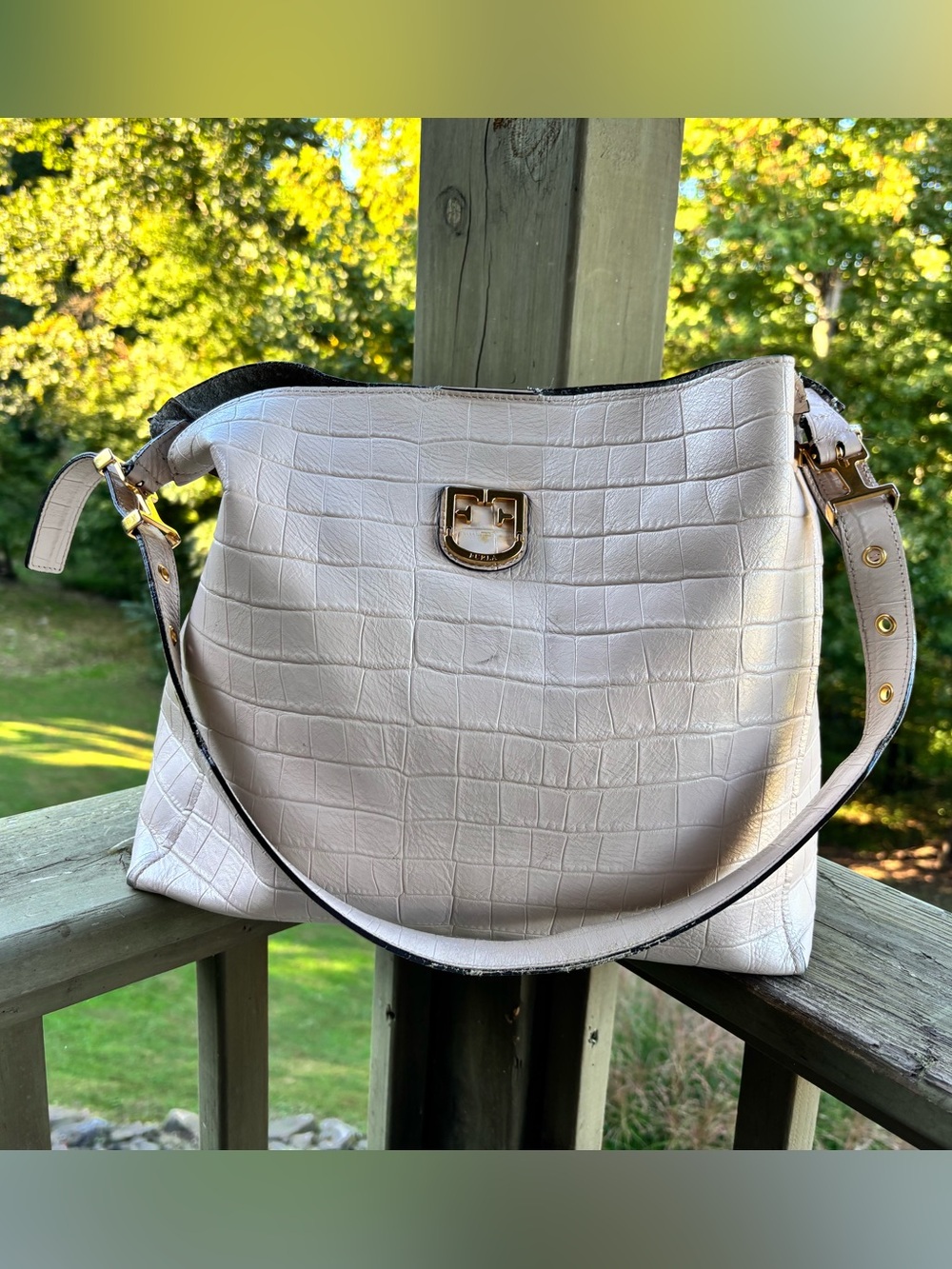 Furla White Croc-Embossed Shoulder Bag with Gold Hardware